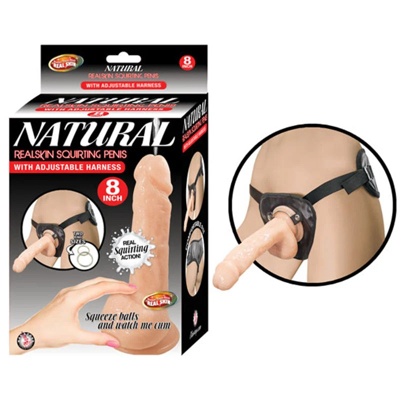 Natural Realskin Squirting Penis 8 inches Beige Harness