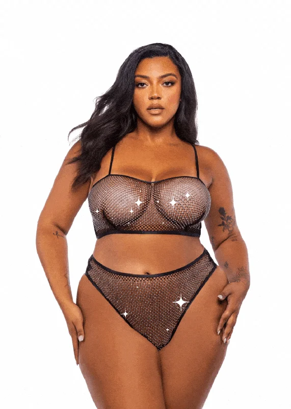 Plus Size Black Rhinestone Fishnet Bralette & Cheeky Panty Short Lingerie