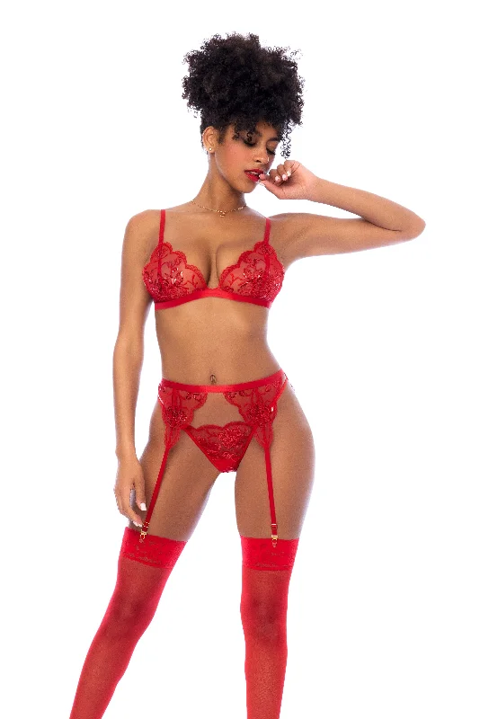 3 Pc. Red Lace & Sequin Bralette, Garter Belt & Thong Panty Lingerie