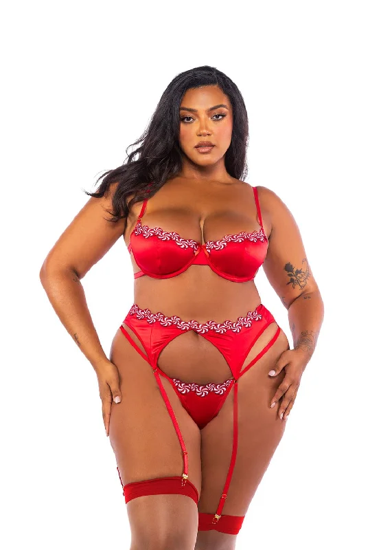 Plus Size Red Candy Trim w/ Mesh Satin Bra, Garter Belt & Thong Lingerie