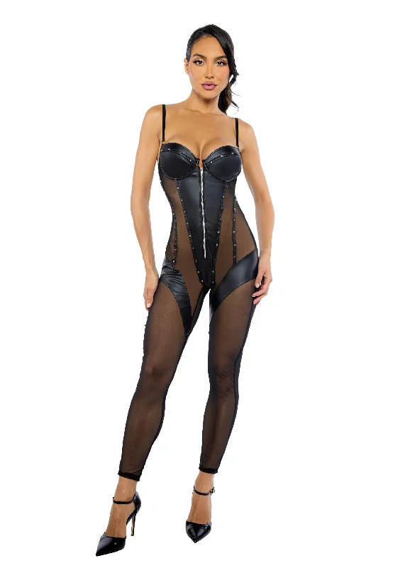 Black Leather & Mesh Balconette Cup Catsuit Jumpsuit Lingerie