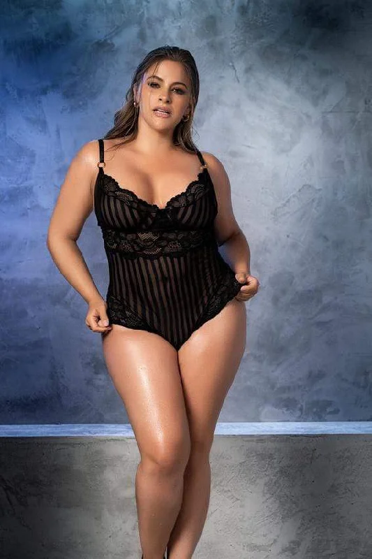 Black Striped Lace Strap Bodysuit (Plus Size)