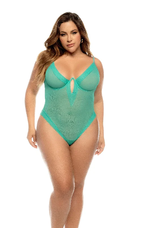 Plus Size Sexy Jade Mesh Deep Plunge Underwire Bodysuit Lingerie