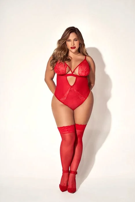 Plus Size Sexy Red Underboob Cutout w/ Side Garter Belt Bodysuit Lingerie