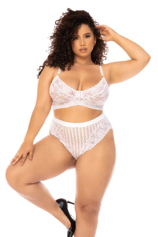 Plus Size Sexy White Mesh Floral Lace Bra & High Waisted Panty Lingerie