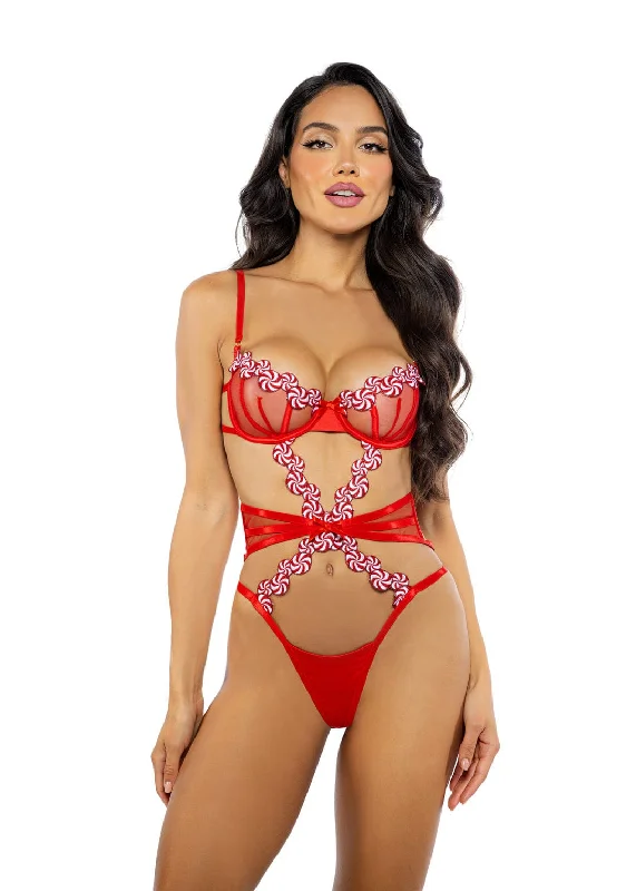 Red Candy Trim w/ Mesh Satin Balconette cup & Thong Teddy Lingerie